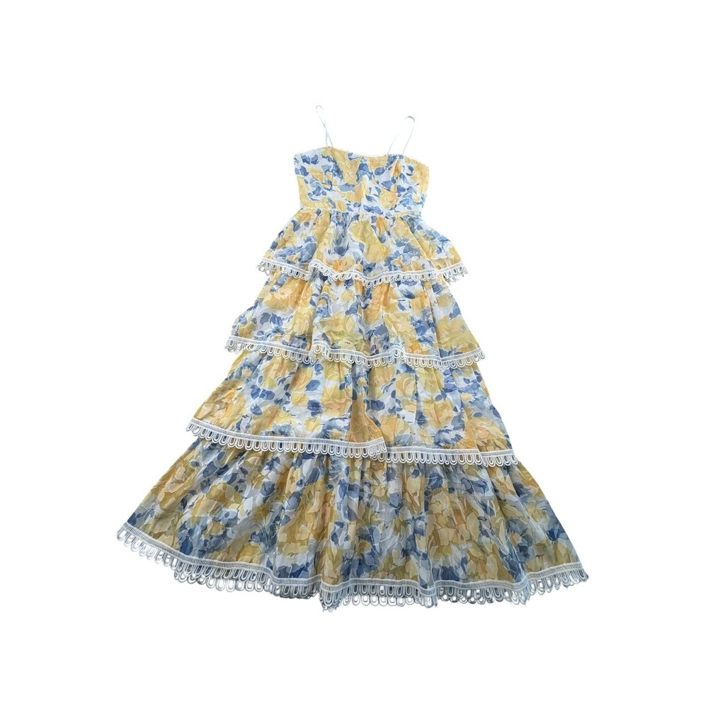 Beulah Style Floral Tiered Maxi Dress Womens Small Yellow Blue Cottagecore